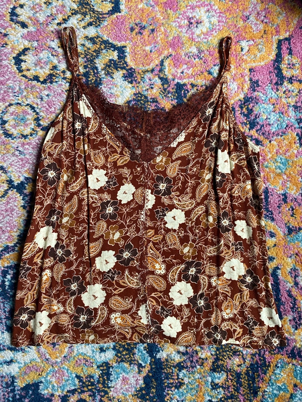 Idyllwind brown burgundy floral lace tank SZ large EUC western boho cottagecore